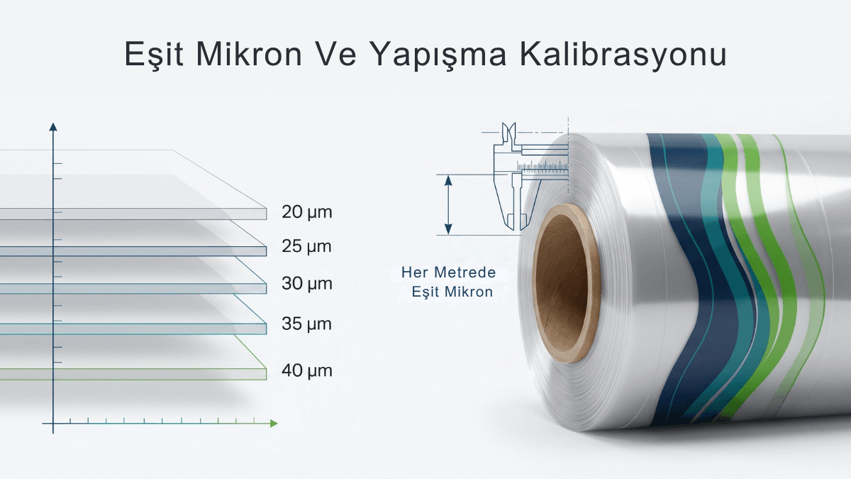 20 ile 40 mikron arası kalınlık seçenekleri sunan OPP rulo ambalaj bobini eşit mikron ve yapışma kalibrasyonu ölçüm şeması