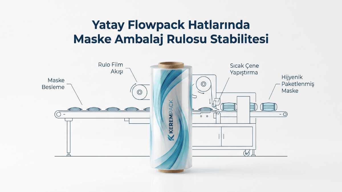 Yatay flowpack otomatik paketleme makinelerinde firesiz çalışan maske ambalaj rulosu performans şeması