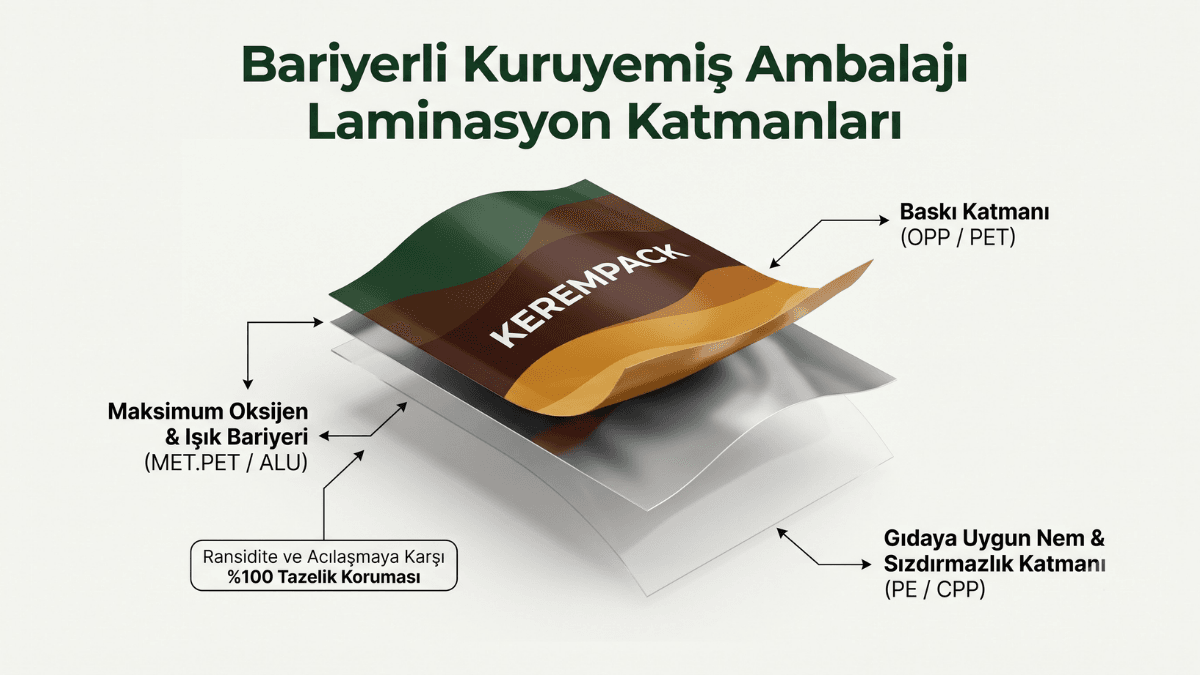 Oksijen ve nem bariyerli çok katmanlı laminasyonlu kuruyemiş ambalajı yapı şeması.