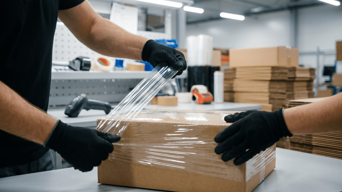 E-ticaret lojistik depolarında kargo paketlerinin hasar görmesini, ıslanmasını ve kurcalanmasını engelleyen şeffaf ambalaj streci ile koli streçleme işlemi.