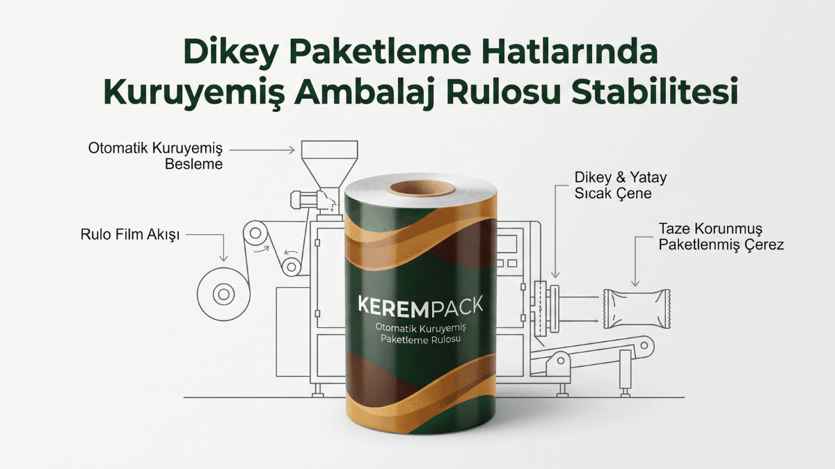 Dikey VFFS otomatik dolum makinelerinde yüksek performansla çalışan kuruyemiş ambalaj rulosu akış şeması.
